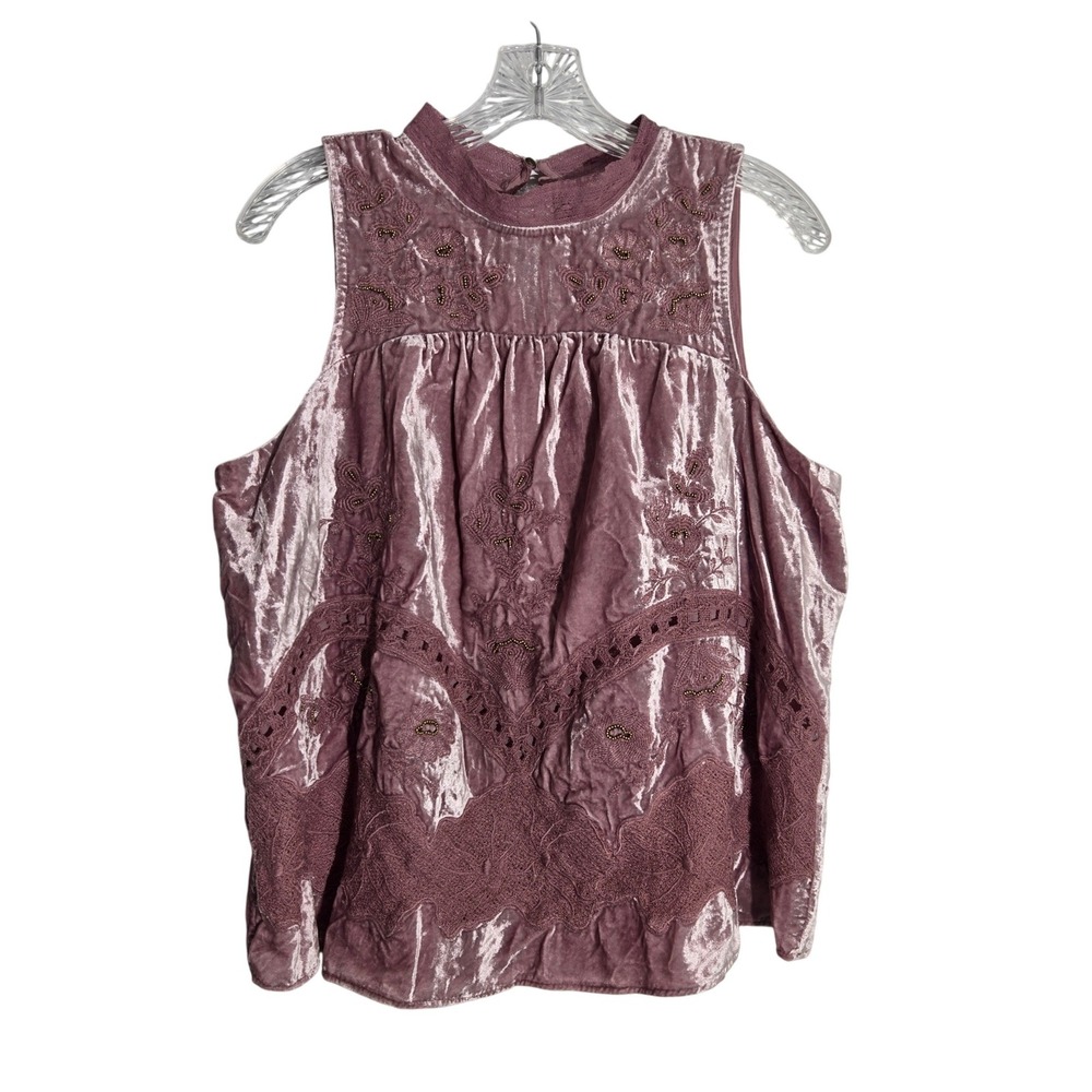 Anthropologie Floreat‎ 10 Velvet Beaded Mock Neck Sleeveless Top Rose Pink Lace
